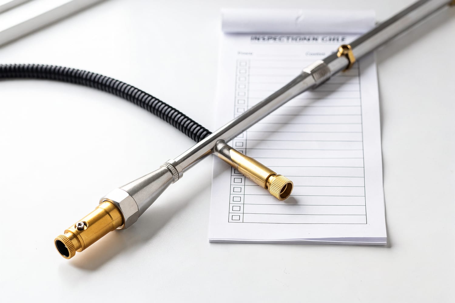 Professional pest-control spray wand and an inspection checklist